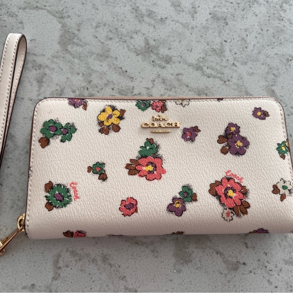 Coach Floral Wristlet in Cream with Multicolor Flowers long zip around wallet